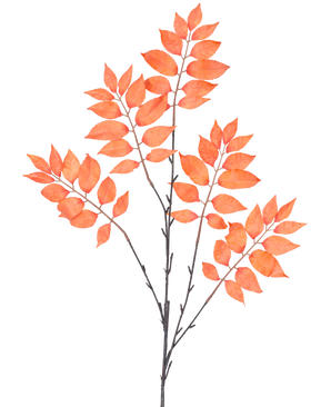 Den konstgjorda grenen Ormbunke grenad 83 cm orange har tre klasar av tunna, mörka stjälkar med många orangeröda, ovala blad som är symmetriska i en öppen spridning mot en vit bakgrund.