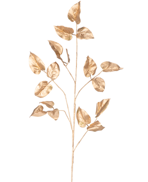 Art Branch Salal 95 cm guld har en enda guldmålad gren med flera blad på en vanlig vit bakgrund.