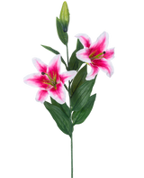 Den konstgjorda blomliljan 85 cm rosa har två blommande rosa och vita liljor, en sluten knopp och ett antal långa gröna blad, vackra mot en vit bakgrund.