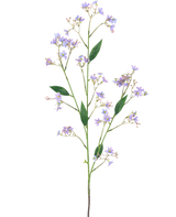 Artificiell gren Daphne Spray 108 cm lila har en lång grön stjälk med flera grenar, var och en dekorerad med små lila blommor och gröna blad, mot en vanlig vit bakgrund.