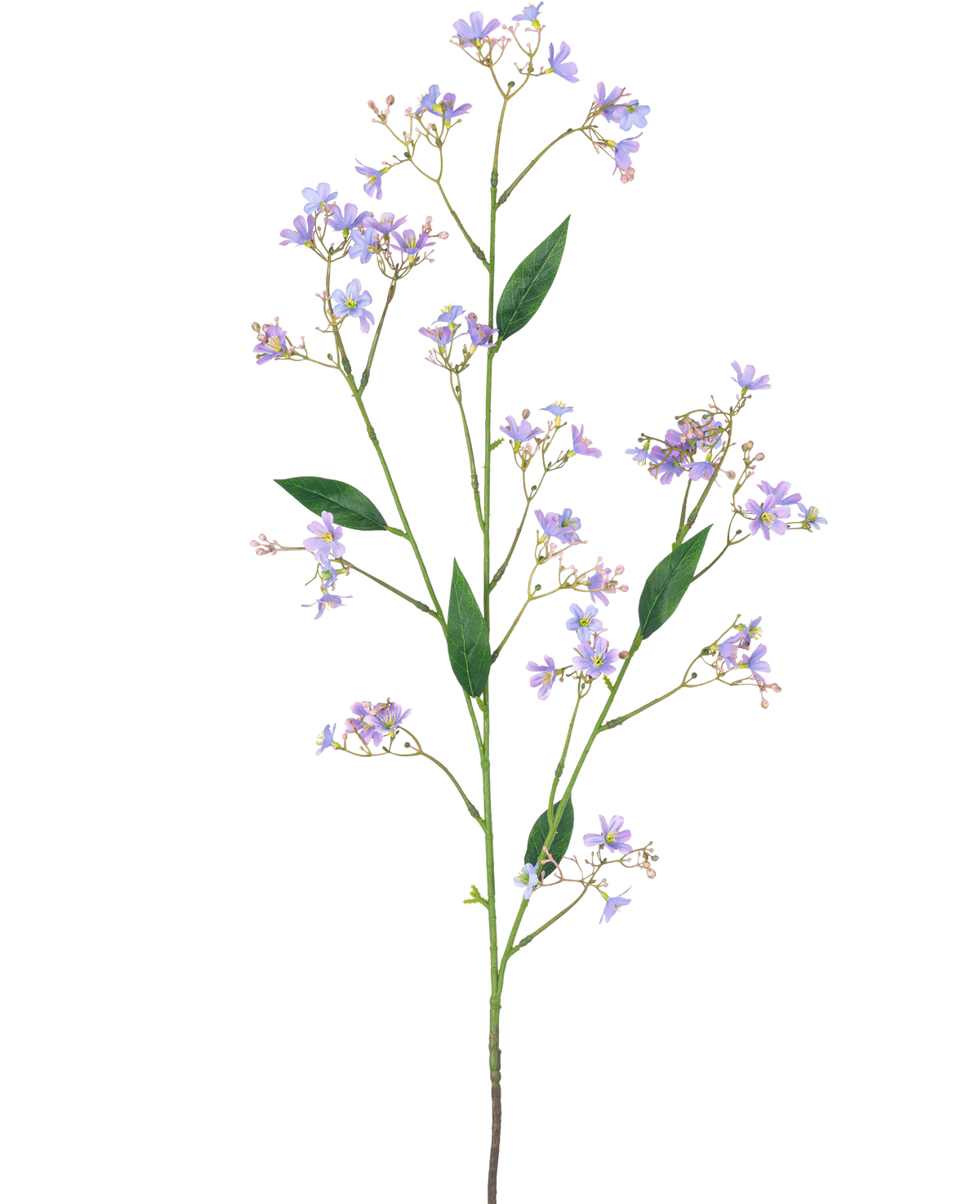 Artificiell gren Daphne Spray 108 cm lila har en lång grön stjälk med flera grenar, var och en dekorerad med små lila blommor och gröna blad, mot en vanlig vit bakgrund.
