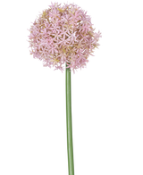 En enda hög lila stjälk av den konstgjorda blomman Allium Large 80 cm, bärande en stor, rund klase av små stjärnformade blommor, avbildade på en vit bakgrund.