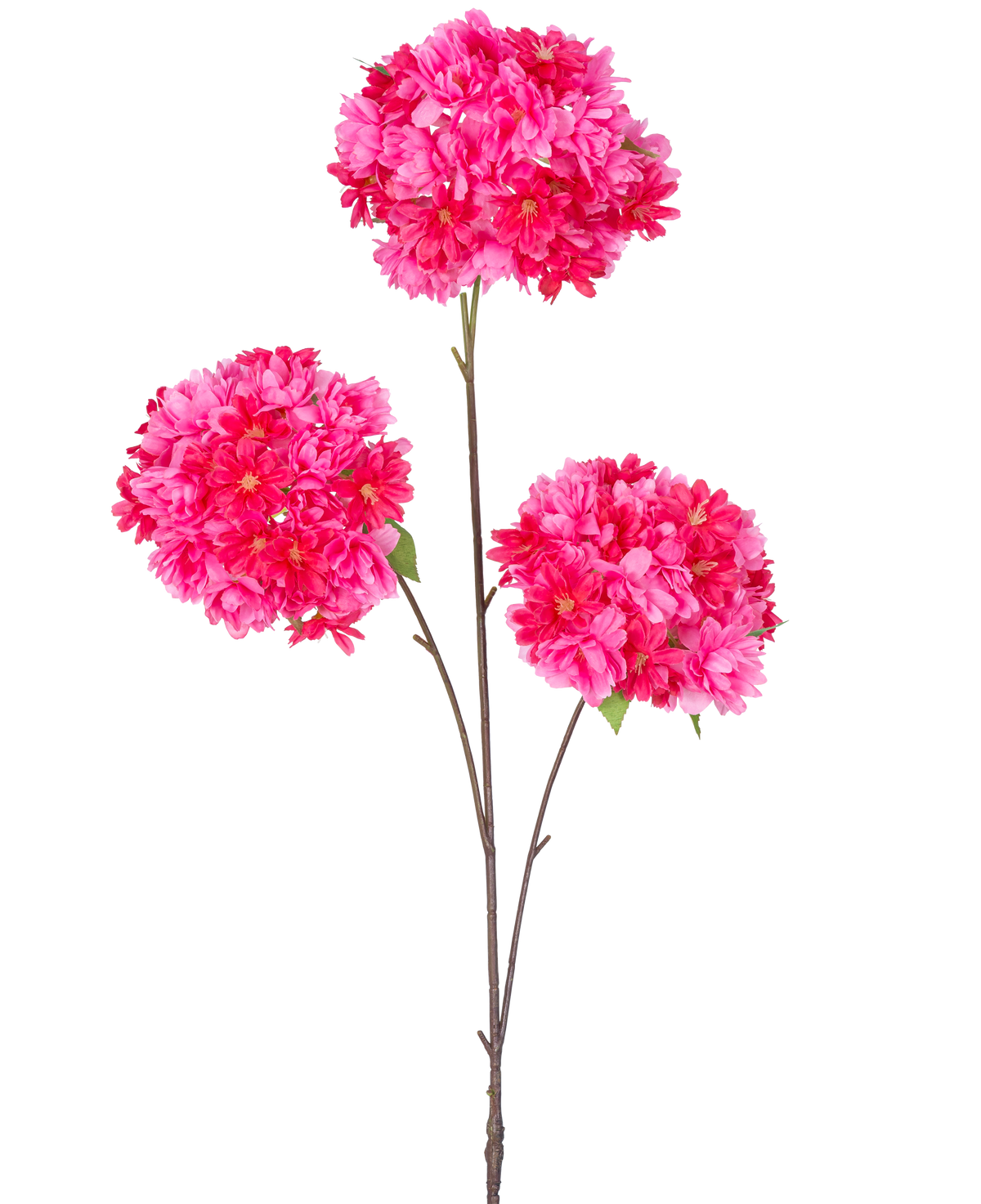 Den konstgjorda grenen Körsbärsblommor 85 cm rosa har en enda stjälk med tre knippen ljusrosa konstgjorda körsbärsblommor och gröna blad på smala bruna grenar, isolerade på en vit bakgrund.