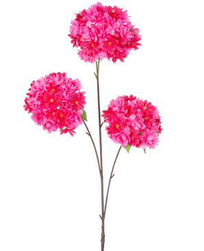 Den konstgjorda grenen Körsbärsblommor 85 cm rosa har en enda stjälk med tre knippen ljusrosa konstgjorda körsbärsblommor och gröna blad på smala bruna grenar, isolerade på en vit bakgrund.