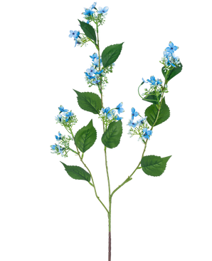 Artificiell blomma Wild Hortensia 93 cm blå har en enda konstgjord stjälk med flera grenar, gröna blad och klasar av små, känsliga ljusblå blommor.