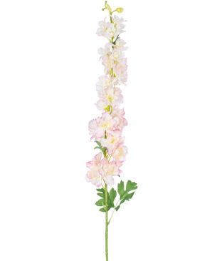 Den konstgjorda blomman Delphinium 105 cm rosa är en enda hög konstgjord stjälk med ljusrosa och vita larksporsblommor med gröna blad, isolerade på en vit bakgrund.