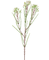Den konstgjorda grenen vaxblomma 78 cm krämen har en enda hög stjälk med tunna gröna blad och klasar av små, krämvita blommor i toppen, mot en enkel, ljus bakgrund.