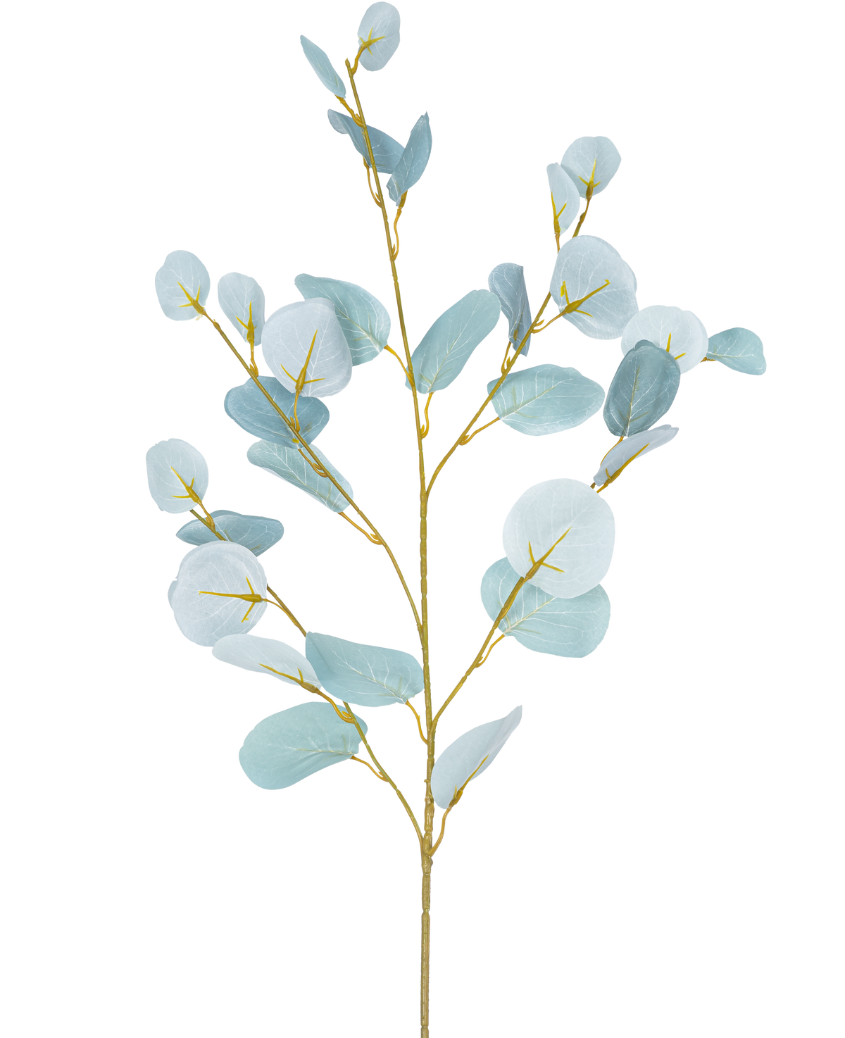 Den konstgjorda grenen Eucalyptus 84 cm är en enda konstgjord stam med flera grenar, med runda, ljusblågröna blad mot en vanlig vit bakgrund.