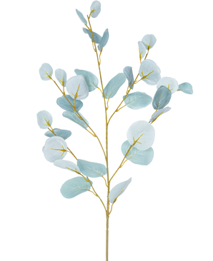 Den konstgjorda grenen Eucalyptus 84 cm är en enda konstgjord stam med flera grenar, med runda, ljusblågröna blad mot en vanlig vit bakgrund.