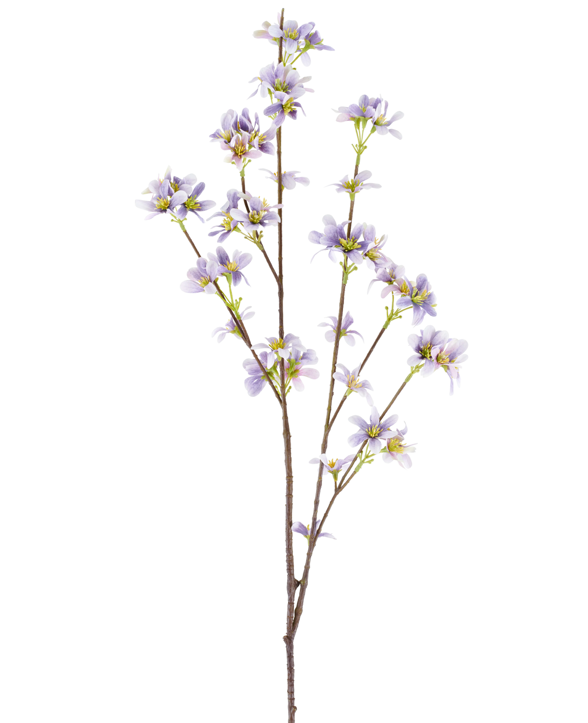 En "Konstgjord blomgren 112 cm lila" med en blommande gren med fina lavendellila blommor och gula centra på smala bruna stjälkar, avbildad mot en vit bakgrund.