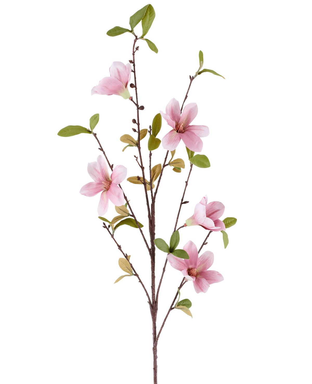 En smal Artificiell Blomma Magnolia-gren på 94 cm i gammalrosa, med flera rosa magnoliablommor och gröna blad mot vit bakgrund.