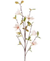 En konstgjord blomma Magnolia på 94 cm, krämfärgad/brun, med flera ljusrosa blommor och gröna blad på tunna bruna stjälkar, avbildad mot en vanlig vit bakgrund.