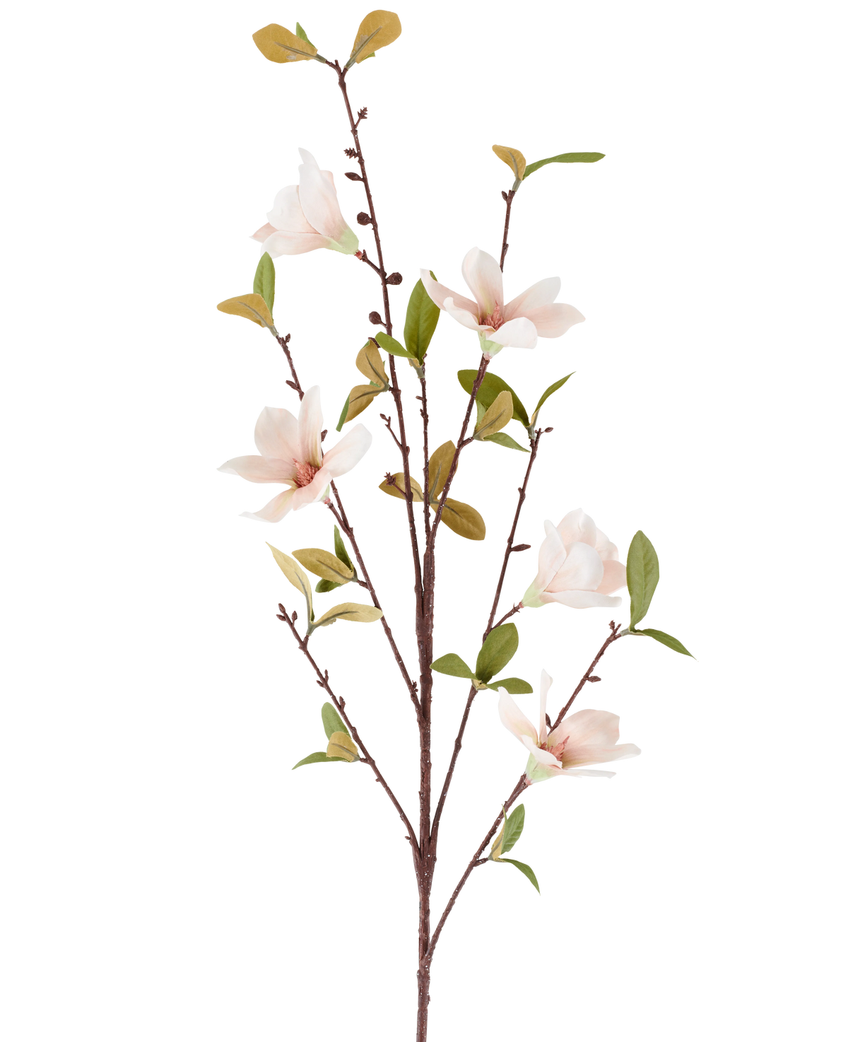 En konstgjord blomma Magnolia på 94 cm, krämfärgad/brun, med flera ljusrosa blommor och gröna blad på tunna bruna stjälkar, avbildad mot en vanlig vit bakgrund.