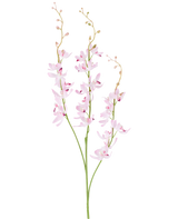 Två gröna stjälkar med grenade klasar av fina, ljuslila cymbidium-orkidéblommor och små knoppar på tunna, välvda kvistar, avbildade mot en vanlig vit bakgrund. Produkten som avbildas är den konstgjorda blomman Cymbidium 95 cm lila.
