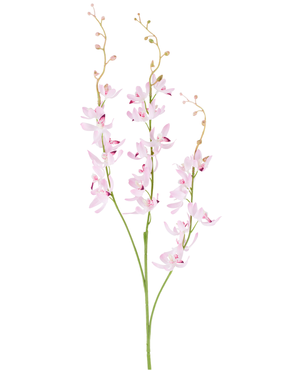 Två gröna stjälkar med grenade klasar av fina, ljuslila cymbidium-orkidéblommor och små knoppar på tunna, välvda kvistar, avbildade mot en vanlig vit bakgrund. Produkten som avbildas är den konstgjorda blomman Cymbidium 95 cm lila.