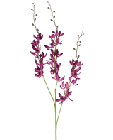 Tre långa stjälkar av den artificiella Cymbidium-blomman på 95 cm i vibrerande lila, med små gröna knoppar, mot en vanlig vit bakgrund.