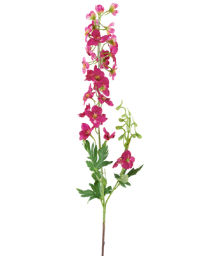En enda stjälk av den konstgjorda blomman Delphinium 79 cm mörkrosa, med ljusrosa konstgjorda blommor, gröna blad och knoppar, isolerad mot en vit bakgrund.