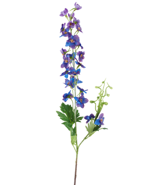 En enda hög artificiell blomma Delphinium som mäter 79 cm med en lila stjälk, med små, livfulla lila och blå blommor och gröna blad mot en vanlig vit bakgrund.