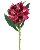 En enda stjälk av den konstgjorda Alstroemeria-blomman som mäter 74 cm i röda och lila toner, med verklighetstrogna blommor och gröna blad, isolerade mot en vit bakgrund.