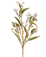En enda 78 cm konstgjord blomeukalyptusstam i kräm/brunt, med flera grenar av gröna blad och klasar av små, runda blommor, avbildad mot en vanlig vit bakgrund.