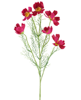 Artificiell blomma Cosmo 78 cm fuchsia består av livfulla fuchsiafärgade kosmosblommor med gula mittpunkter och känsliga, fjädergröna blad, mot en vit bakgrund.