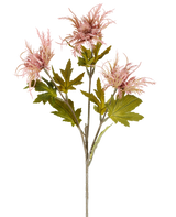 En enda stjälk av konstgjord blomma Armeria maritima, 67 cm gammal rosa, med flera gröna blad och tre spetsiga, gammalrosa blommor, avbildade mot en vanlig vit bakgrund.