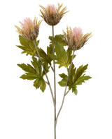 Konstgjord blomtistel 67 cm gammalrosa består av tre rosa och guldfärgade, taggiga konstgjorda tistelblommor med gröna blad på grå stjälkar, avbildade mot en vit bakgrund.