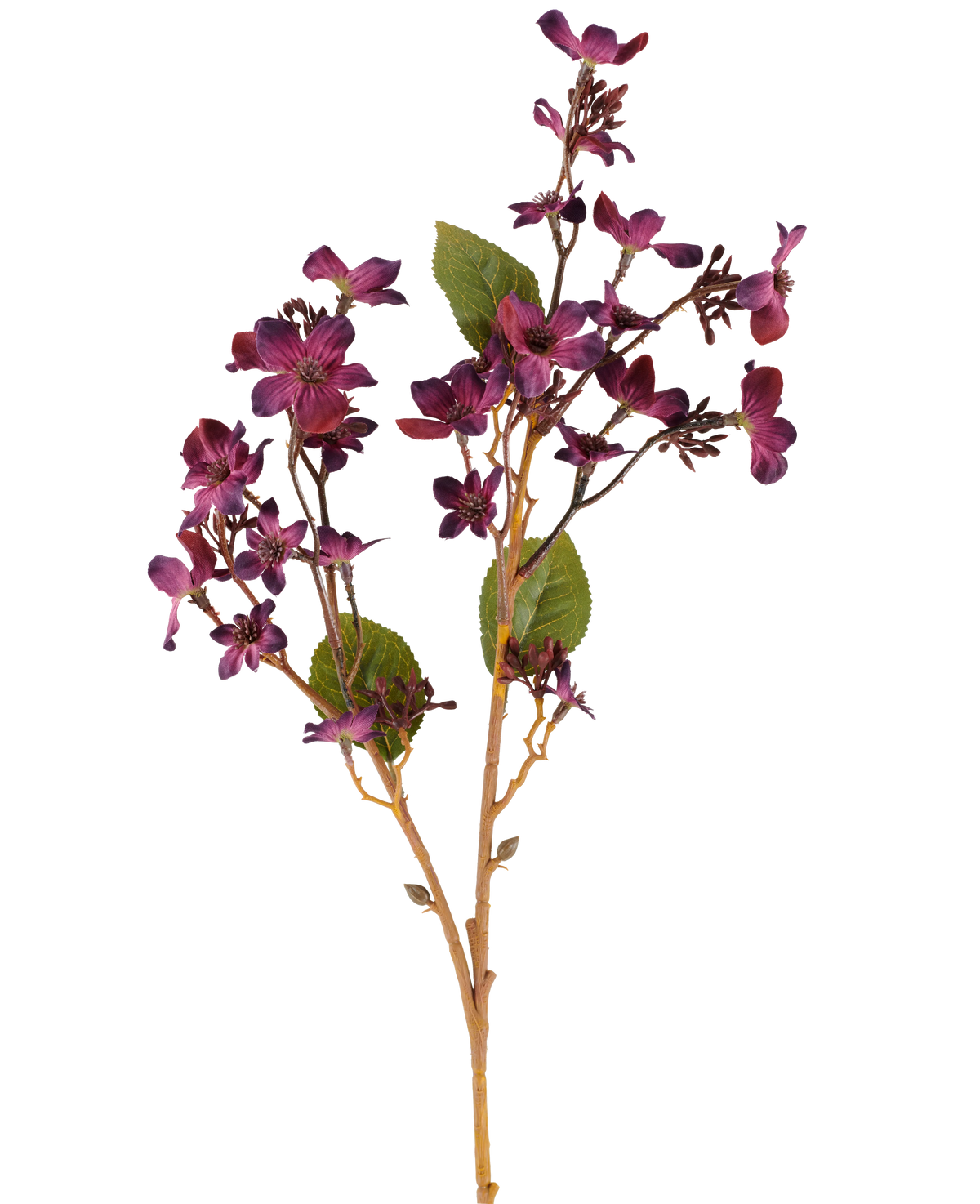 En konstgjord blomma Vernicia Fordii på 63 cm i vinröd, med klasar av små mörklila blommor och gröna blad på smala, ljusbruna stjälkar, visad mot en vit bakgrund.