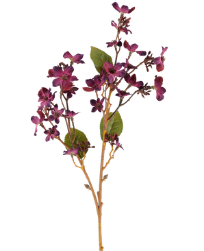 En konstgjord blomma Vernicia Fordii på 63 cm i vinröd, med klasar av små mörklila blommor och gröna blad på smala, ljusbruna stjälkar, visad mot en vit bakgrund.