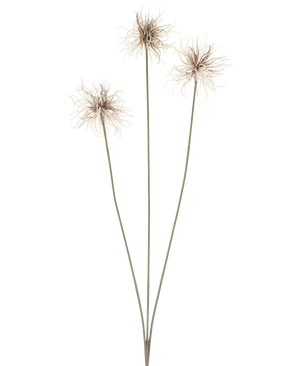 Tre konstgjorda blommor av släktet Xanthium i kräm och brunt, var och en med tunna, långa stjälkar på 64 cm, arrangerade i solfjäderform mot en vanlig vit bakgrund.