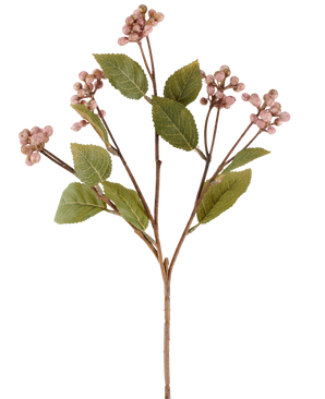 En enda lila artificiell blomma vildbärsstam, 53 cm hög, med flera grenar som bär klasar av små, runda lila bär och flera ovala gröna blad mot en vit bakgrund.