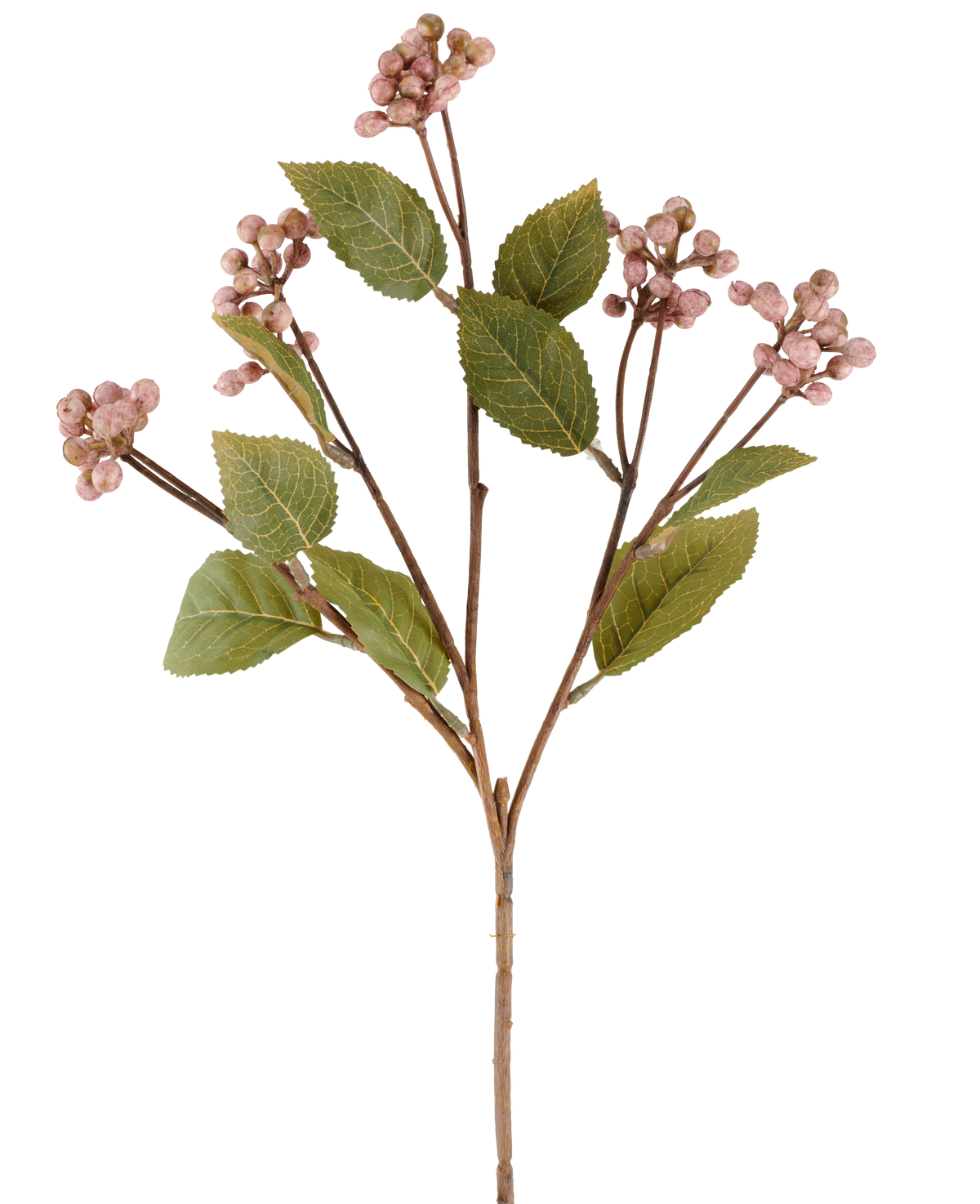 En enda lila artificiell blomma vildbärsstam, 53 cm hög, med flera grenar som bär klasar av små, runda lila bär och flera ovala gröna blad mot en vit bakgrund.