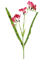 En konstgjord blomma: 56 cm fresia i fuchsia, med livfulla fuchsiablommor och två långa, smala gröna blad, avbildade på vit bakgrund.