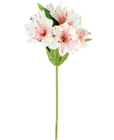 En konstgjord Alstroemeria-blomma på 47 cm i rosa/kräm, med ljusrosa och vita konstgjorda liljor med gröna blad och stjälk, avbildad på vit bakgrund.