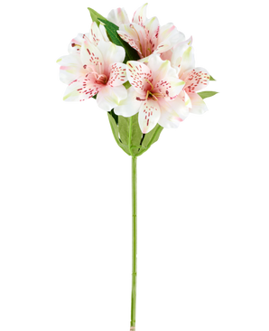 En konstgjord Alstroemeria-blomma på 47 cm i rosa/kräm, med ljusrosa och vita konstgjorda liljor med gröna blad och stjälk, avbildad på vit bakgrund.