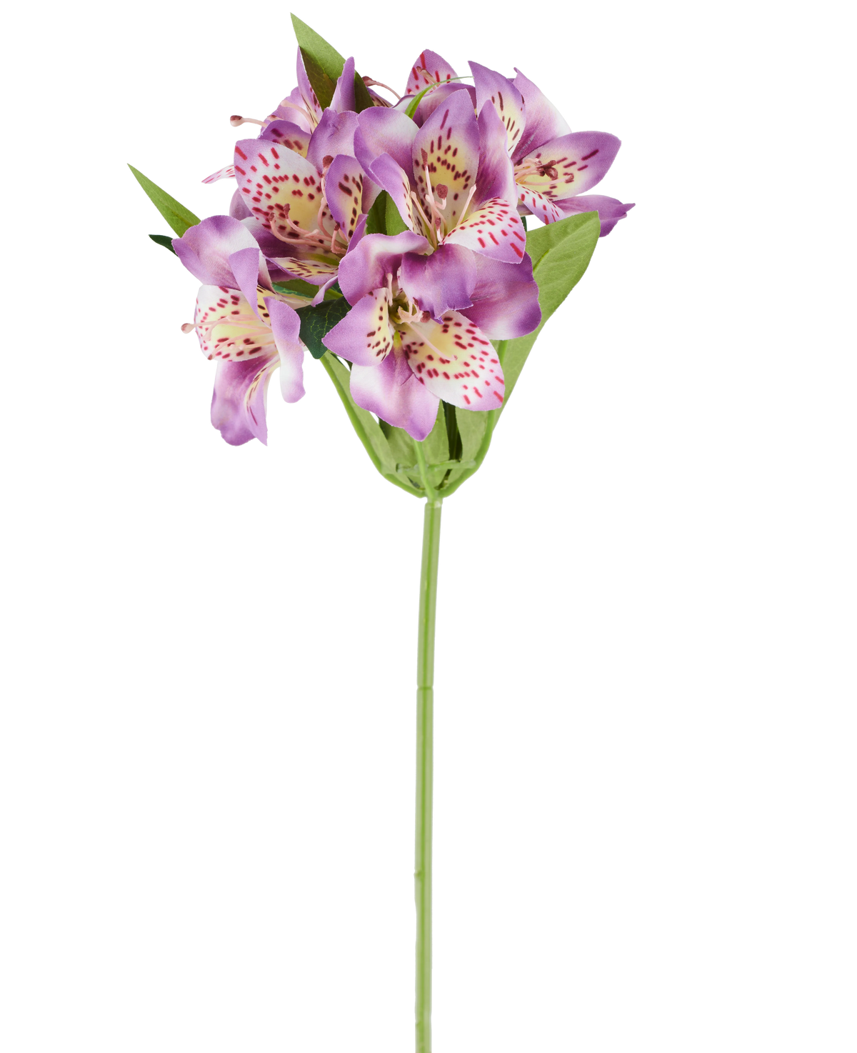 En enda konstgjord Alstroemeria-blomma på 47 cm, lila till färgen, med flera lila blommor med rosa fläckar, gröna blad och en grön stjälk, fotograferad mot en vit bakgrund.