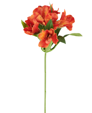 Konstgjord blomma Alstroemeria, 47 cm, orange med flera prickiga blommor och gröna blad på vit bakgrund.