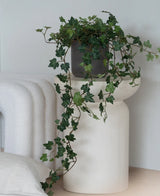 En Artificial Ivy Deluxe Green, en 90 cm hängande murgröna i en grå kruka, står på en modern, vit, skulpturell bas bredvid en vikt vit filt och en vit strukturerad kudde.