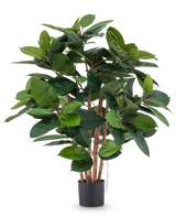 Artificiell växtgummi deluxe 90 cm har flera trästjälkar och stora, glänsande gröna blad i en svart kruka - perfekt för att tillföra verklighetstrogen elegans till alla rum.