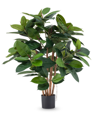 Artificiell växtgummi deluxe 90 cm har flera trästjälkar och stora, glänsande gröna blad i en svart kruka - perfekt för att tillföra verklighetstrogen elegans till alla rum.