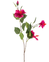 Den konstgjorda blomman Hibiscus 89 cm fuchsia har en gren med gröna blad, flera levande fuchsia hibiskusblommor och en sluten knopp, allt mot en vit bakgrund.
