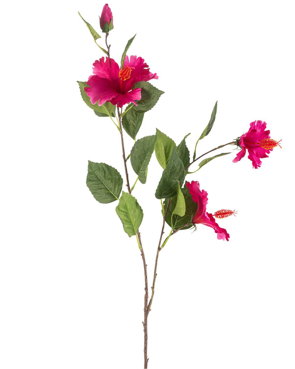 Den konstgjorda blomman Hibiscus 89 cm fuchsia har en gren med gröna blad, flera levande fuchsia hibiskusblommor och en sluten knopp, allt mot en vit bakgrund.