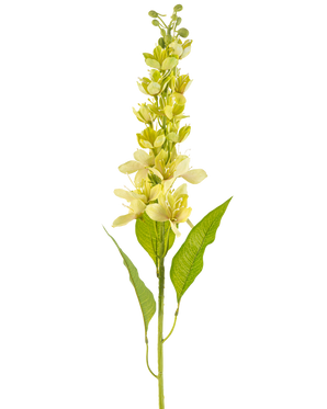 Det konstgjorda asiatiska äpplet 84 cm grönt har en enda hög stjälk med flera ljusgula blommor och långsträckta gröna blad, avbildade mot en vit bakgrund.