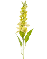 Det konstgjorda asiatiska äpplet 84 cm grönt har en enda hög stjälk med flera ljusgula blommor och långsträckta gröna blad, avbildade mot en vit bakgrund.