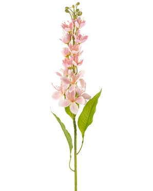 En enda konstgjord blomma asiatiskt äpple 84 cm rosa med ljusrosa blommor och smala gröna blad, vertikalt anordnade mot en vit bakgrund.