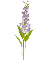 Den konstgjorda blomman asiatiskt äpple 84 cm lavendel har en enda stjälk med långsträckta gröna blad och flera små, ljuslila blommor som står vertikalt längs stjälken, isolerade på en vit bakgrund.