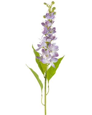 Den konstgjorda blomman asiatiskt äpple 84 cm lavendel har en enda stjälk med långsträckta gröna blad och flera små, ljuslila blommor som står vertikalt längs stjälken, isolerade på en vit bakgrund.