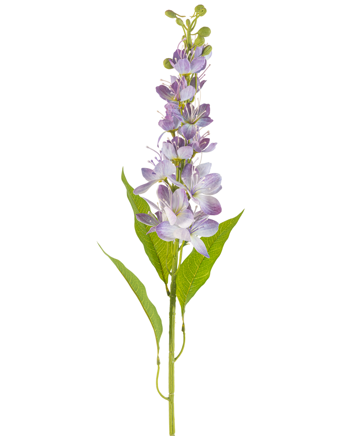 Den konstgjorda blomman asiatiskt äpple 84 cm lavendel har en enda stjälk med långsträckta gröna blad och flera små, ljuslila blommor som står vertikalt längs stjälken, isolerade på en vit bakgrund.