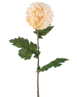 Krämen Artificiell Blomma Dahlia 75 cm har en enda stjälk med en stor, rund krämfärgad dahliablomma och flera gröna, tandade blad på vit bakgrund.