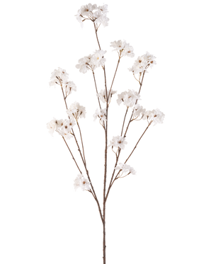 Krämen Artificiell Blomma Körsbärsblommor 130 cm har en enda brun stjälk som förgrenar sig i flera tunna stjälkar, var och en dekorerad med klasar av små, delikata gräddfärgade körsbärsblommor mot en vanlig vit bakgrund.